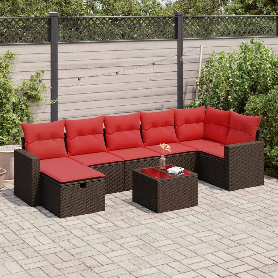 Salon de jardin 8 pcs avec coussins marron résine tressée