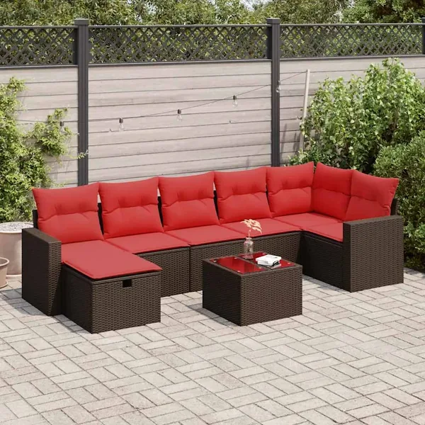 Salon de jardin 8 pcs avec coussins marron résine tressée