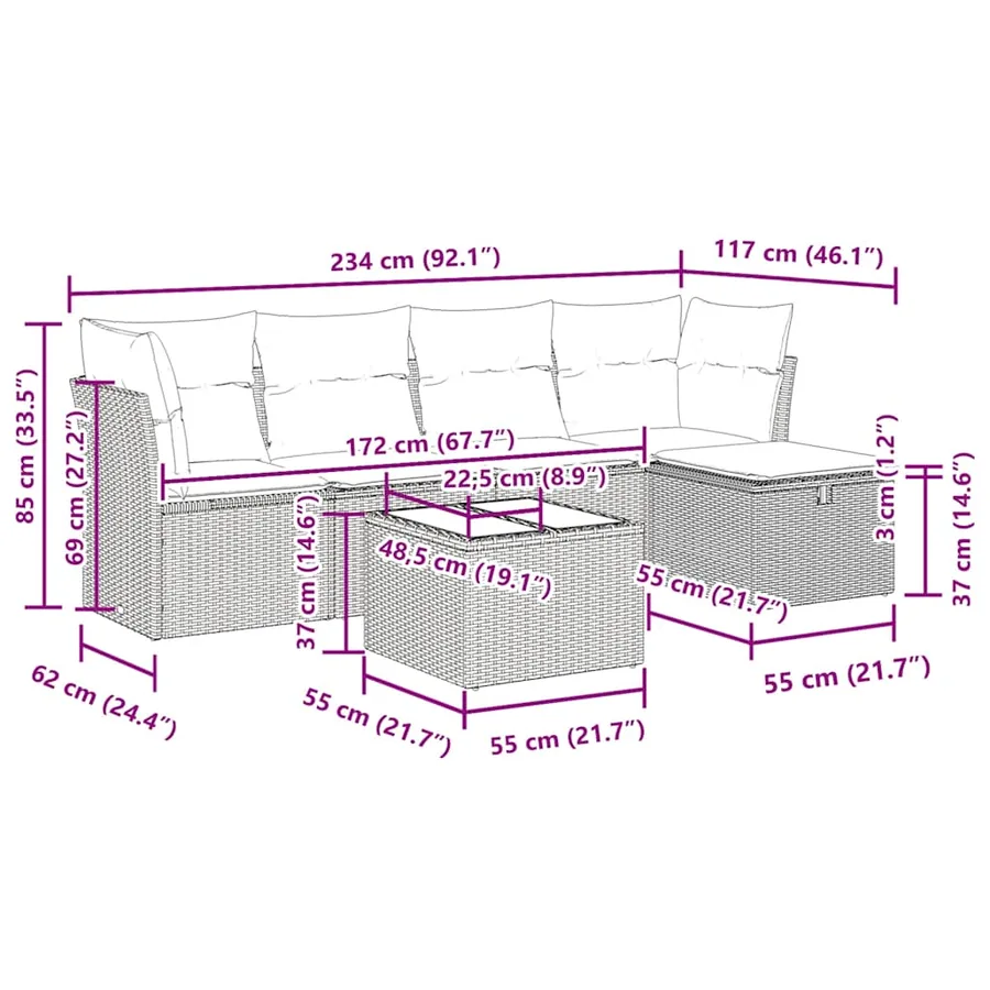 Salon de jardin avec coussins 6 pcs marron résine tressée - 12