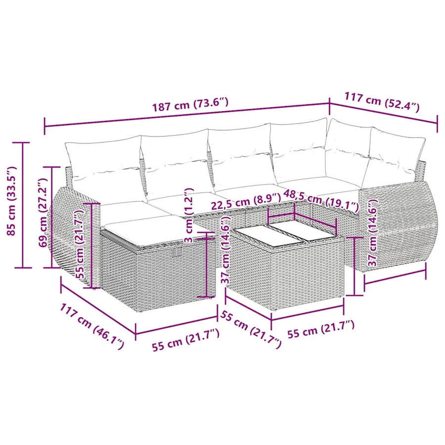 Salon de jardin avec coussins 7 pcs marron résine tressée - 14