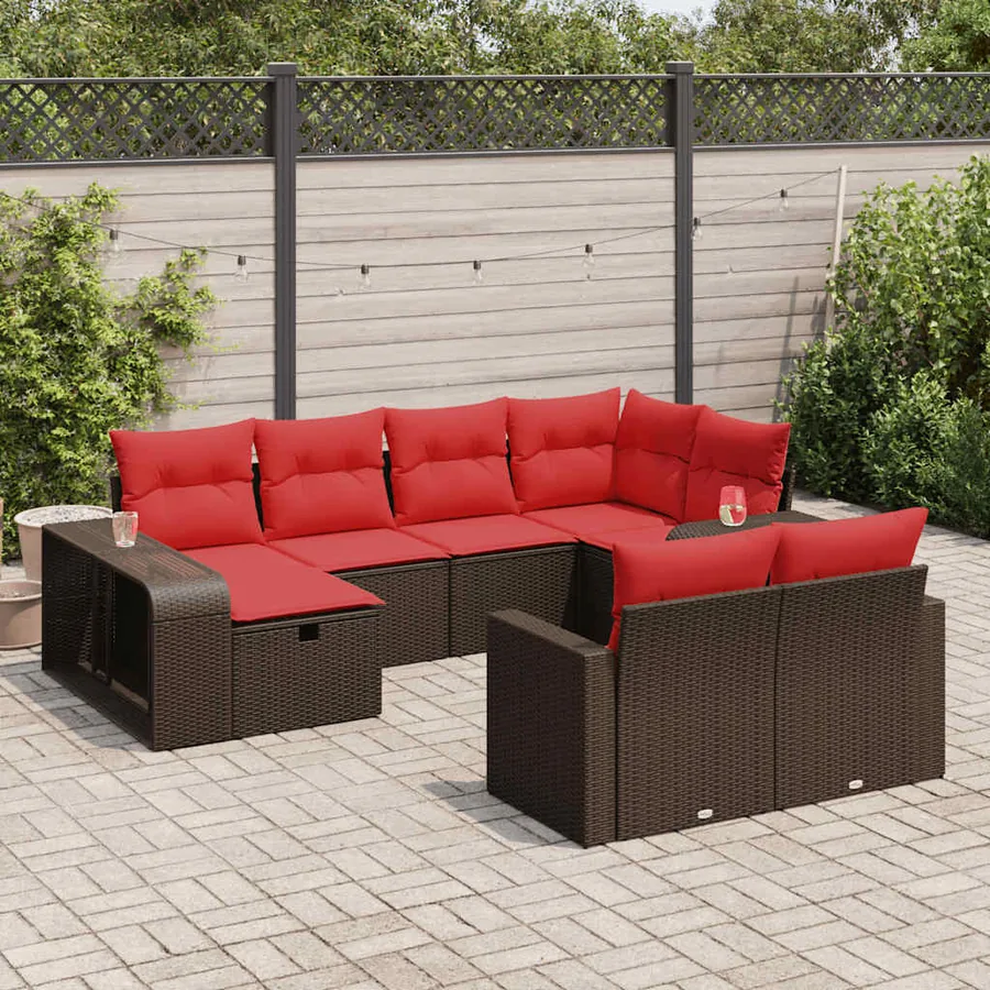 Salon de jardin 10 pcs avec coussins marron résine tressée