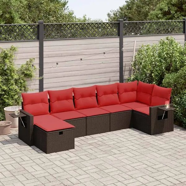Salon de jardin avec coussins 7 pcs marron résine tressée