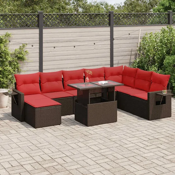 Salon de jardin avec coussins 9 pcs marron résine tressée acacia