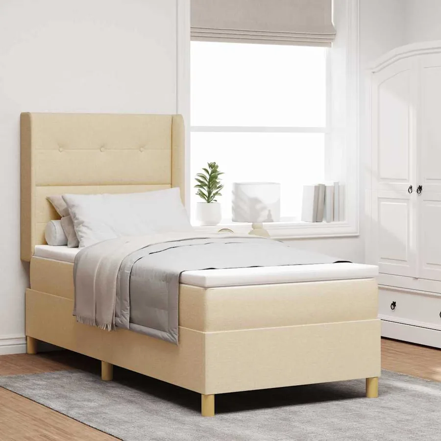 Lit à ressorts avec tête de lit Crème 90 x 190 cm tissu