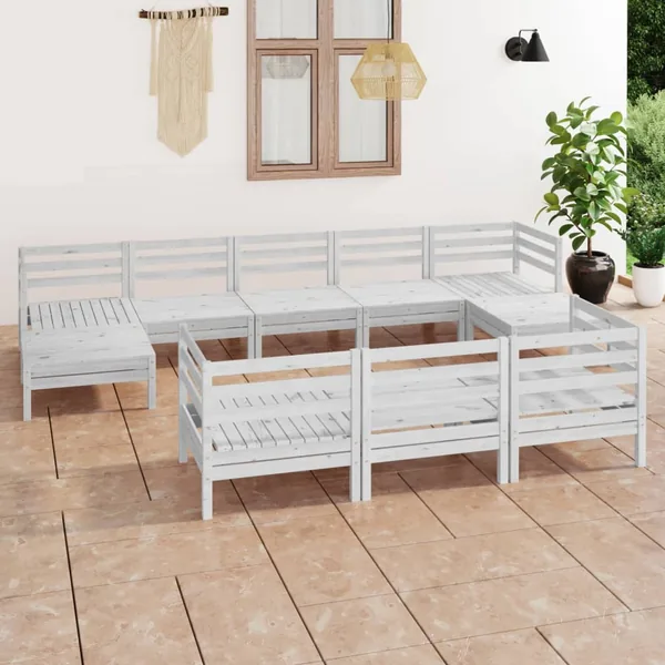 Salon de jardin 10 pcs Blanc Bois de pin massif