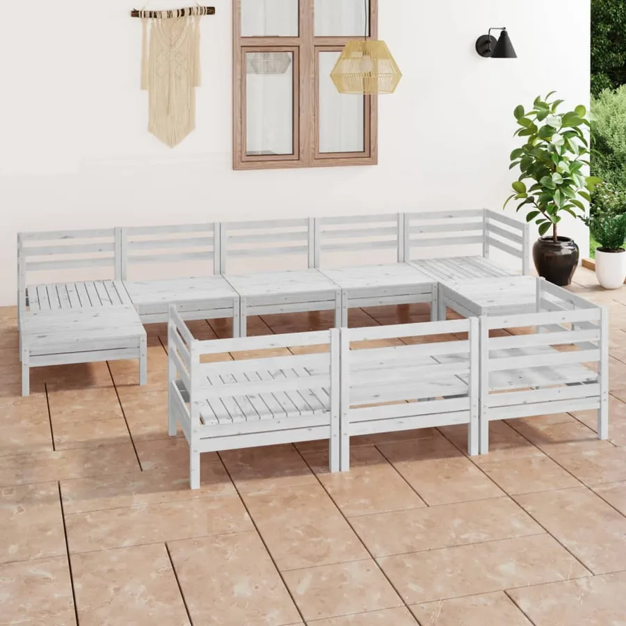 Salon de jardin 10 pcs Blanc Bois de pin massif
