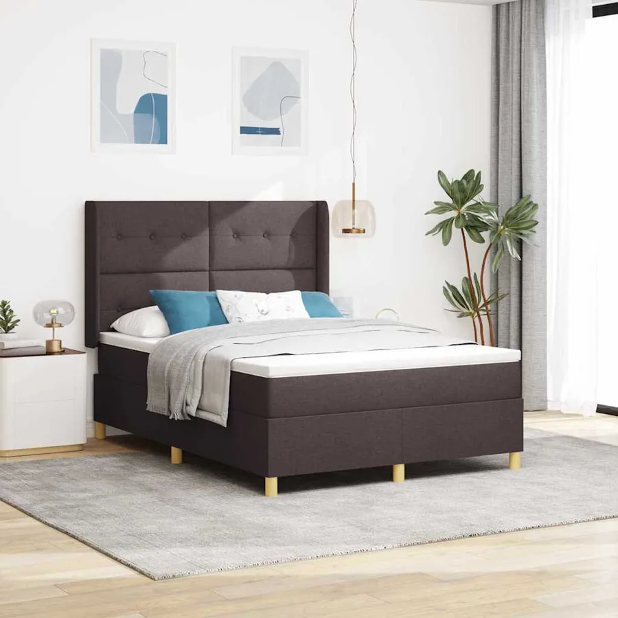 Lit à ressorts avec bandes LED Marron 140 x 200 cm tissu
