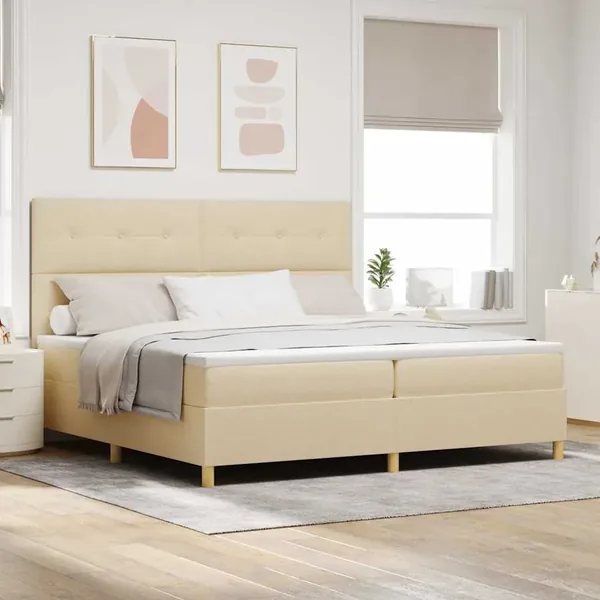 Lit à ressorts avec tête de lit Crème 200 x 200 cm tissu