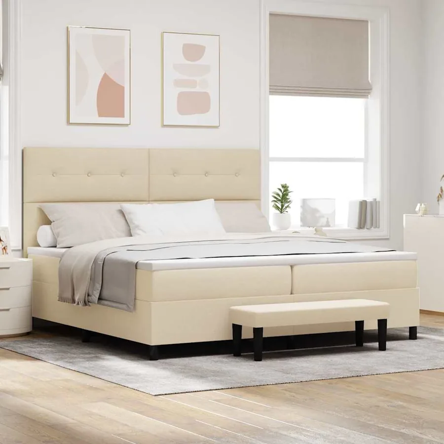 Lit à ressorts avec tête de lit Crème 200 x 200 cm tissu