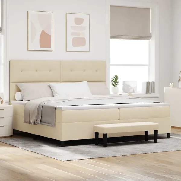 Lit à ressorts avec tête de lit Crème 200 x 200 cm tissu