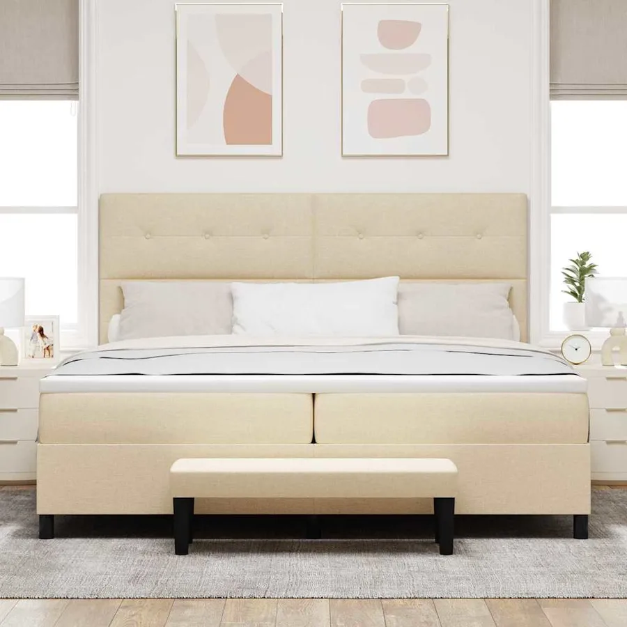 Lit à ressorts avec tête de lit Crème 200 x 200 cm tissu - 3