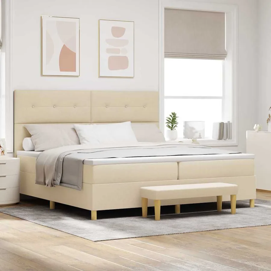 Lit à ressorts avec tête de lit Crème 200 x 200 cm tissu