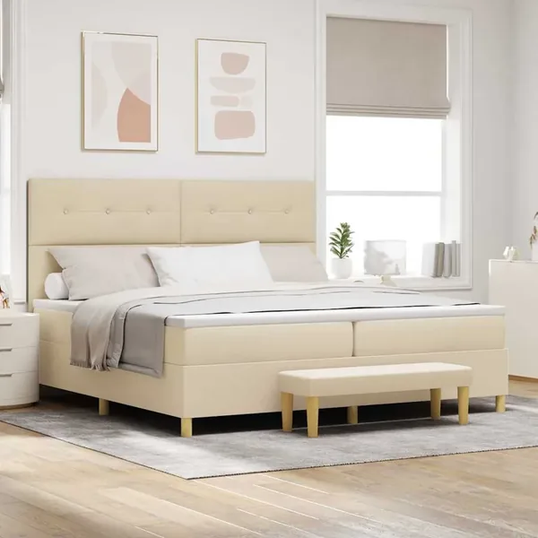Lit à ressorts avec tête de lit Crème 200 x 200 cm tissu