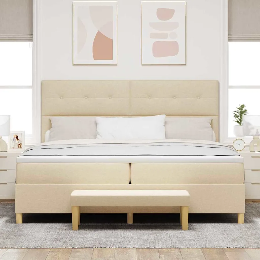 Lit à ressorts avec tête de lit Crème 200 x 200 cm tissu - 3