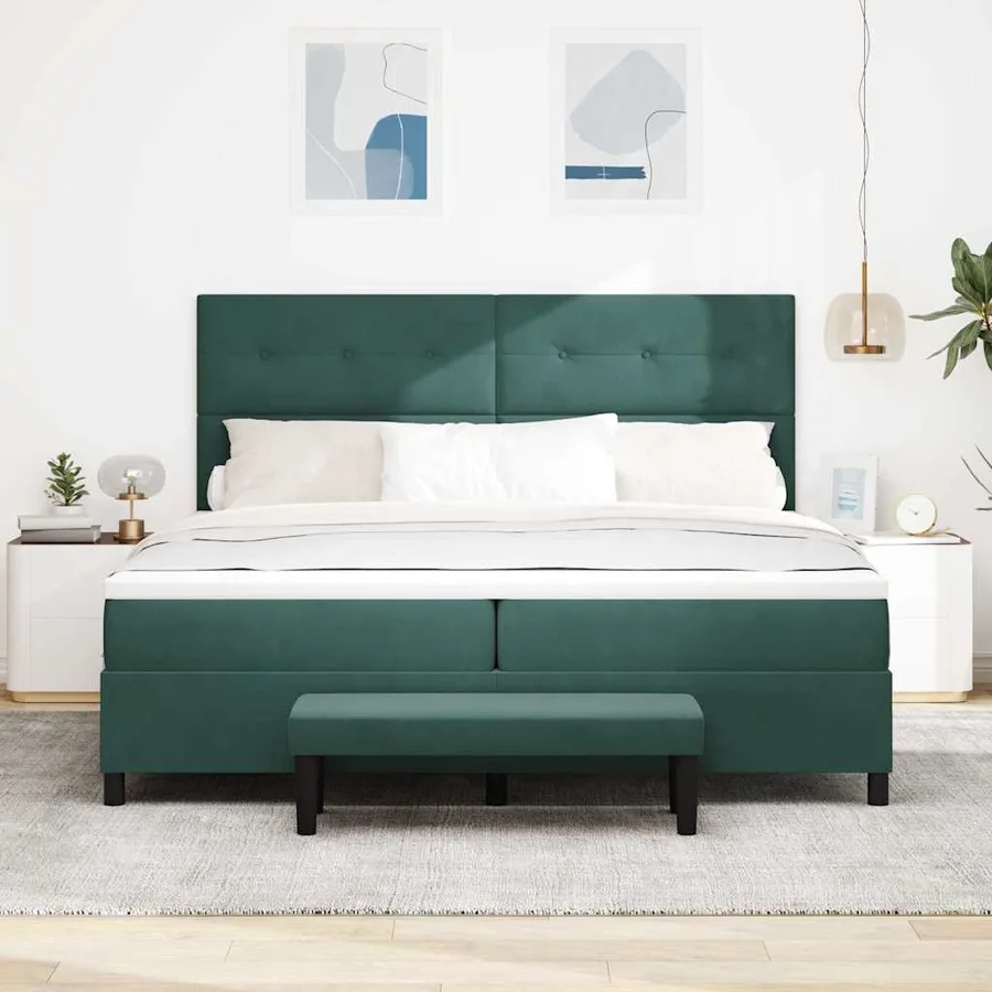 Lit à ressorts avec tête de lit Vert foncé 200 x 200 cm Velours - 3