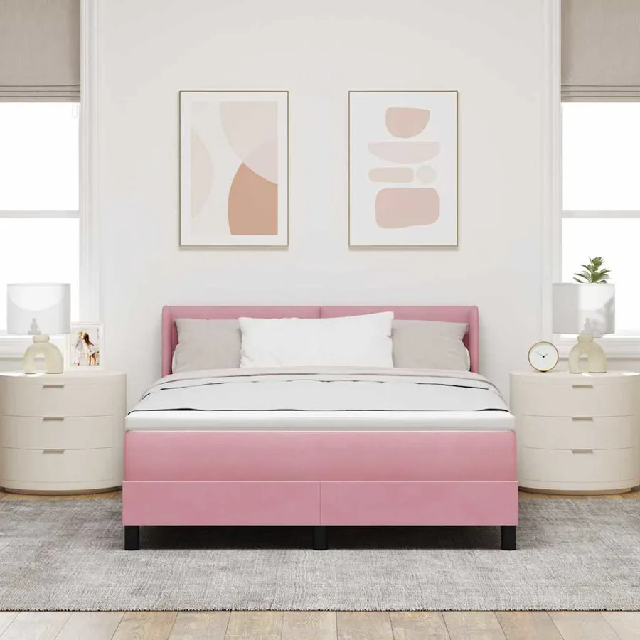 Lit à ressorts avec tête de lit Rose 190 x 140 cm Velours
