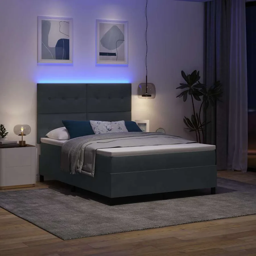 Lit à ressort LED Gris foncé 140 x 190 cm Velours - 5