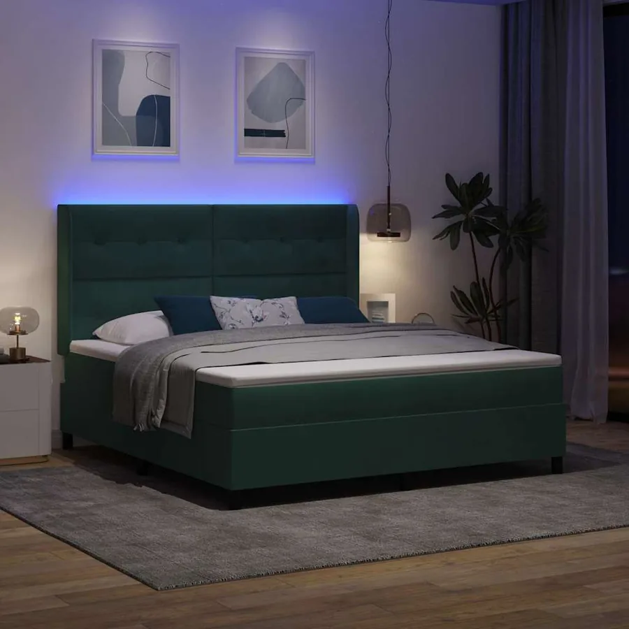 Lit à ressorts avec bandes LED Vert foncé 180 x 200 cm Velours - 5
