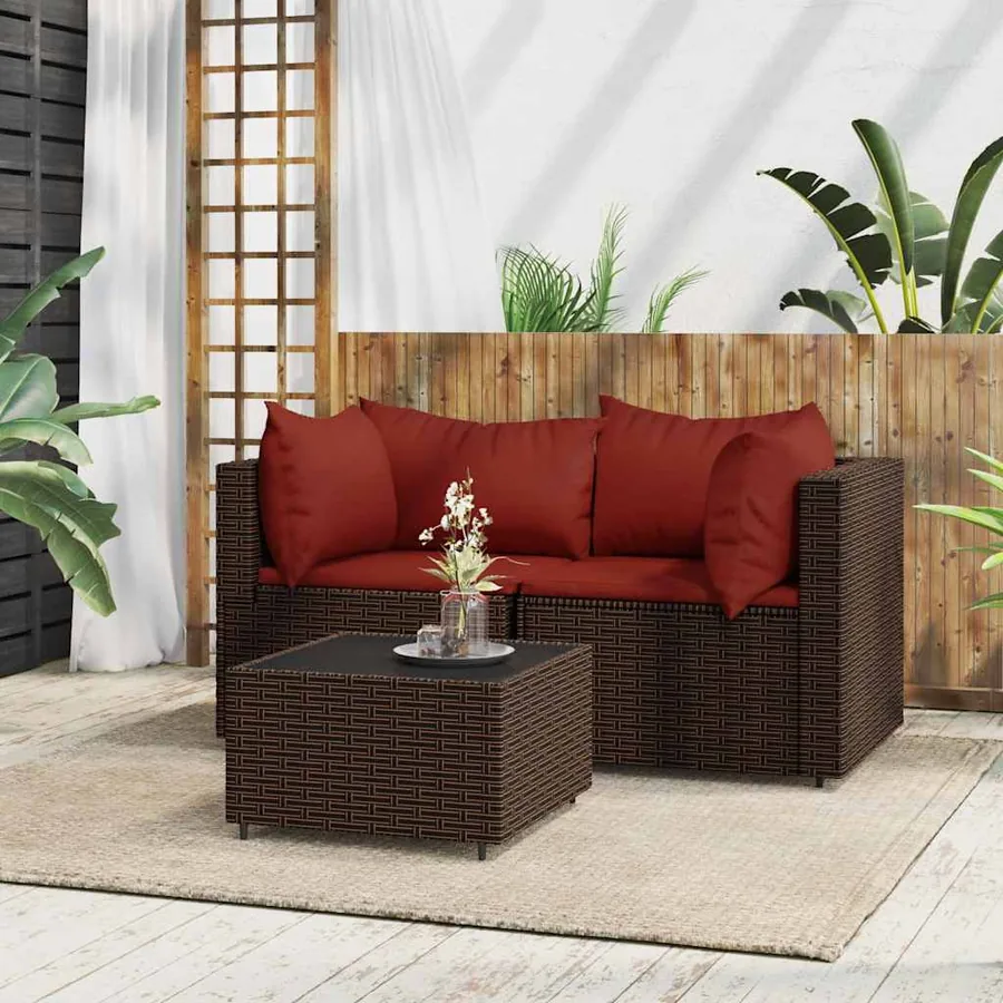 Salon de jardin 3 pcs avec coussins marron résine tressée