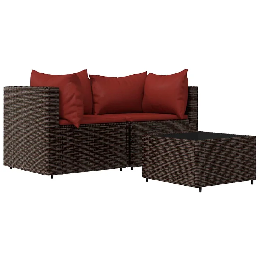 Salon de jardin 3 pcs avec coussins marron résine tressée - 2