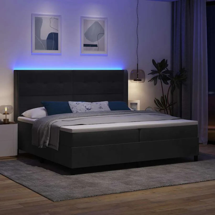 Lit à ressorts avec bandes LED Noir 200 x 200 cm Velours - 5