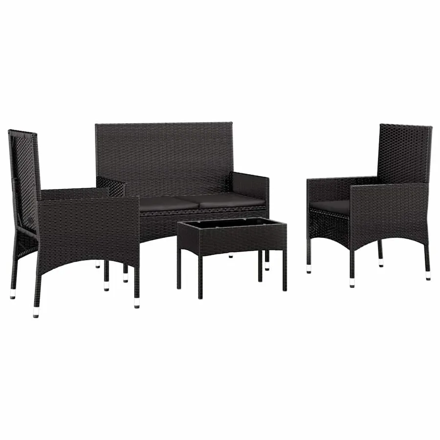 Salon de jardin 4 pcs avec coussins Noir Résine tressée - 3