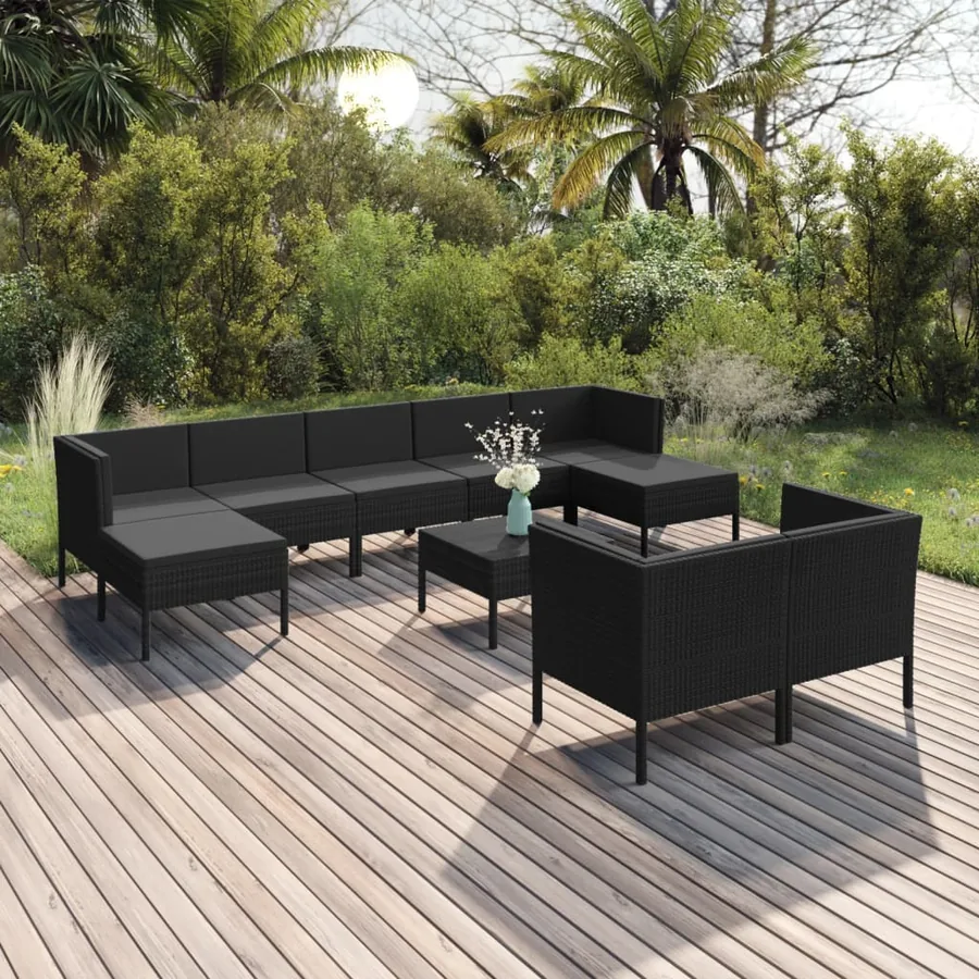 Salon de jardin 10 pcs avec coussins Résine tressée Noir