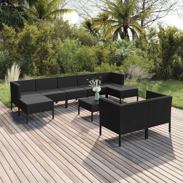 Salon de jardin 10 pcs avec coussins Résine tressée Noir