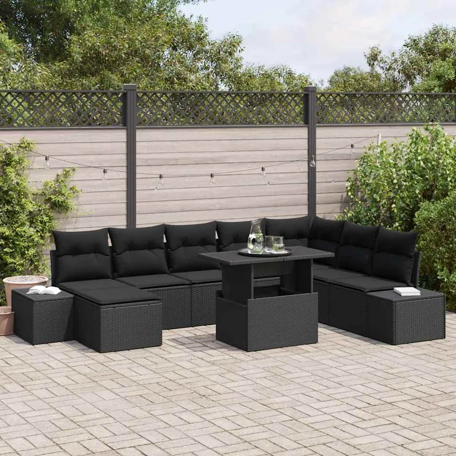 Ensemble de canapé de jardin 9 pcs Noir Poly rotin