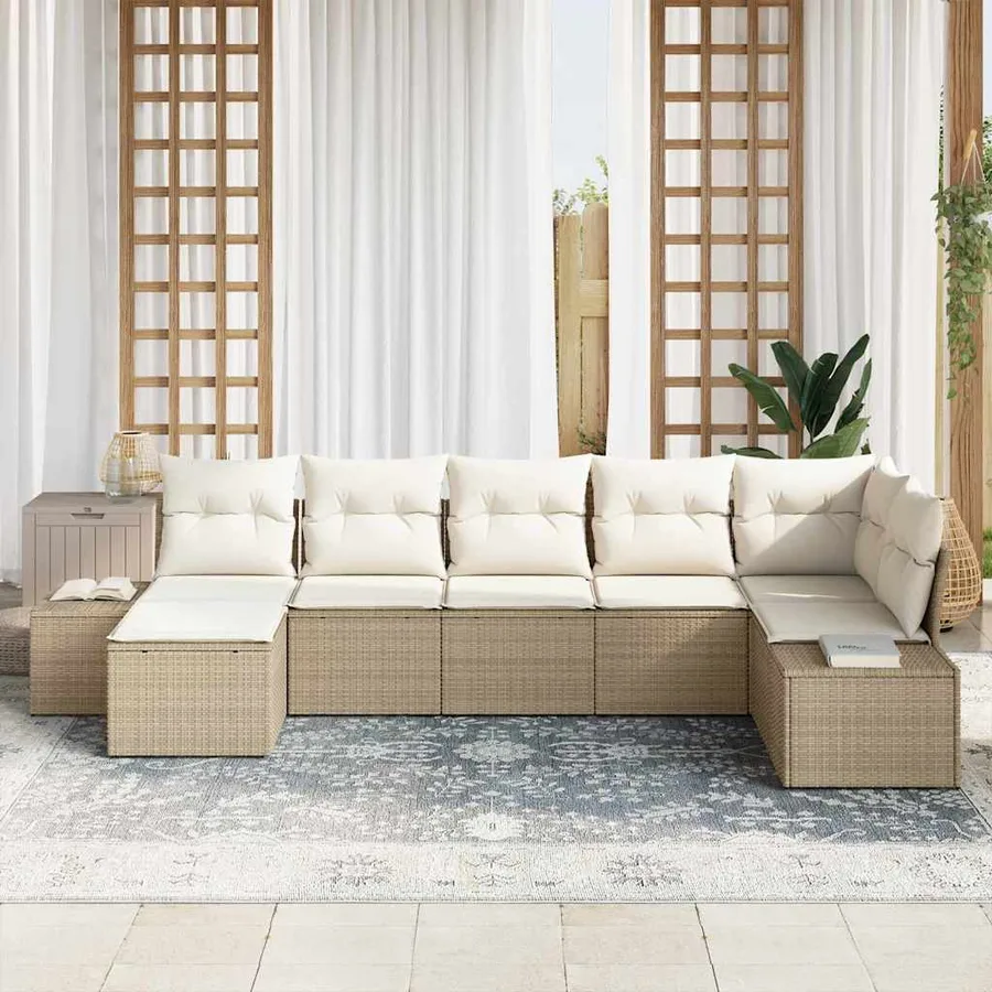 Ensemble de canapé de jardin avec coussin 7 pcs Beige polyrotin - 3
