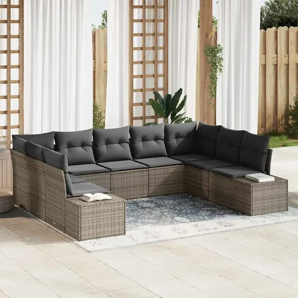 Ensemble de canapé de jardin avec coussin 9 pcs Gris Polyrotin