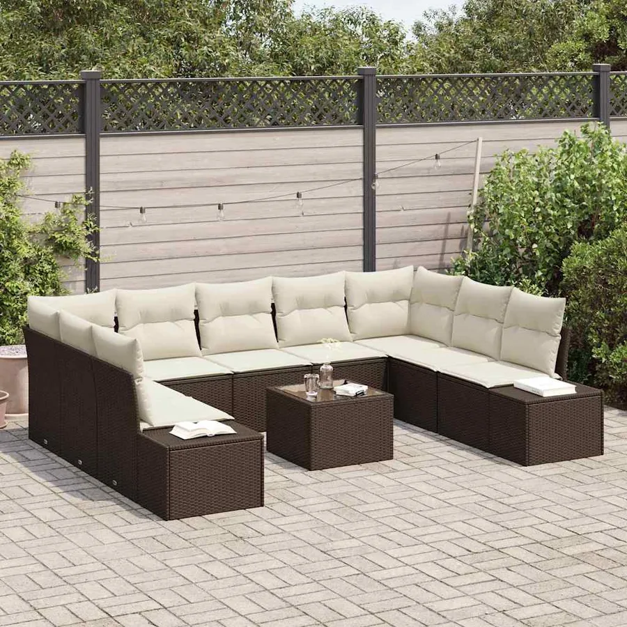 Ensemble de canapé de jardin 9 pcs Marron et Crème Polyrotin - 3