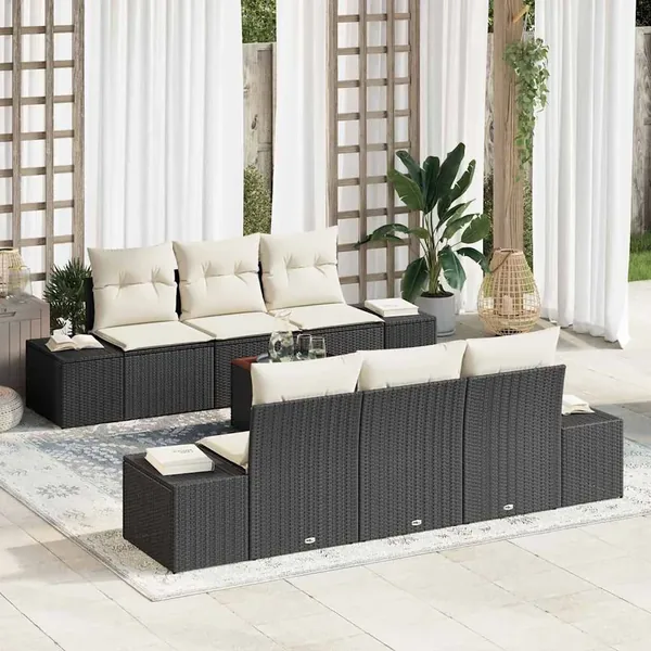 Ensemble de canapé de jardin 7 pcs Noir et Crème polyrotin