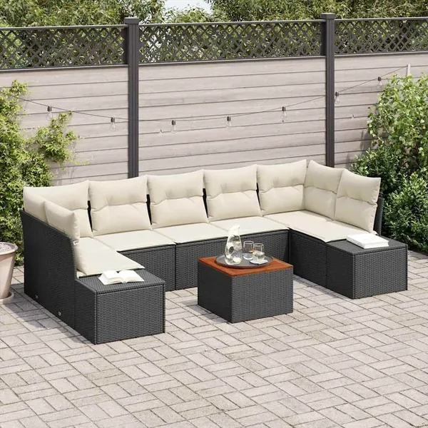 Ensemble de canapé de jardin 8 pcs Noir et Crème polyrotin
