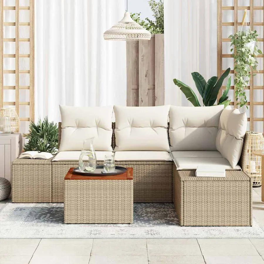 Ensemble de canapé de jardin 5 pcs Beige et crème polyrotin - 3