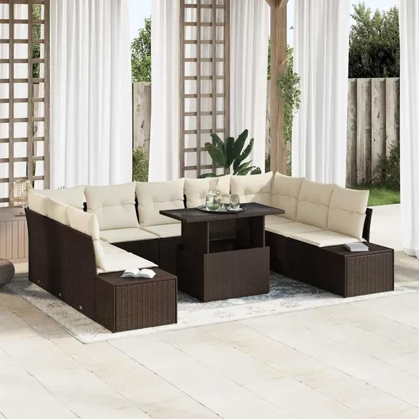 Ensemble de canapé de jardin 10 pcs Marron Poly rotin