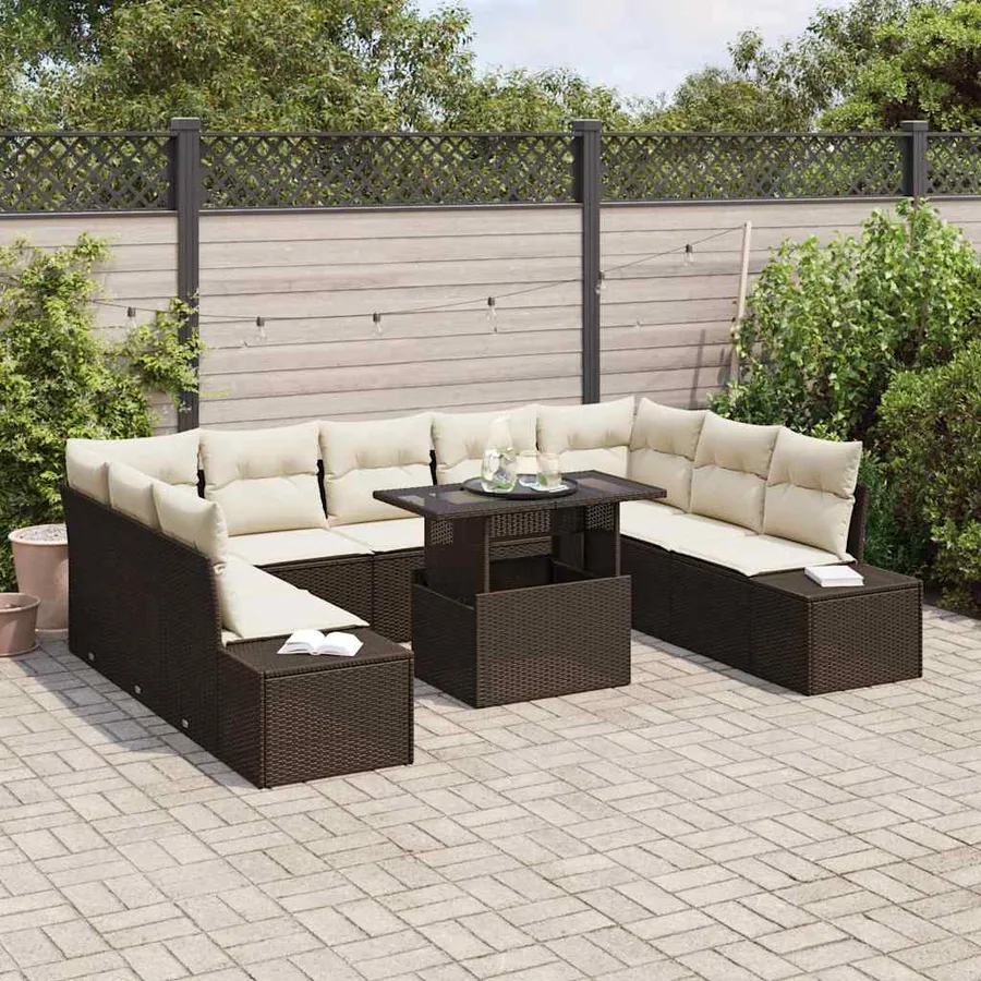 Ensemble de canapé de jardin 10 pcs Marron Poly rotin - 3