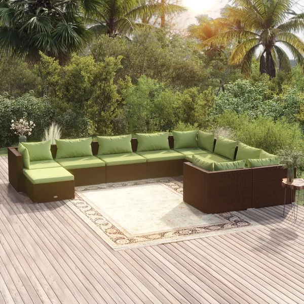 Salon de jardin 10 pcs avec coussins Résine tressée Marron