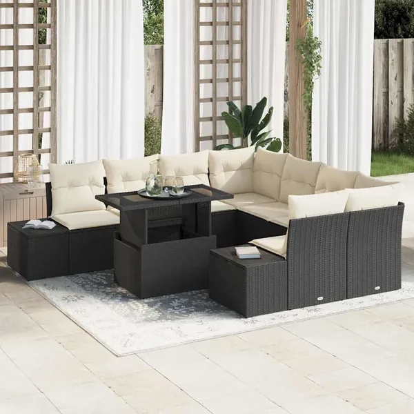 Ensemble de canapé de jardin 9 pcs Noir et Crème polyrotin
