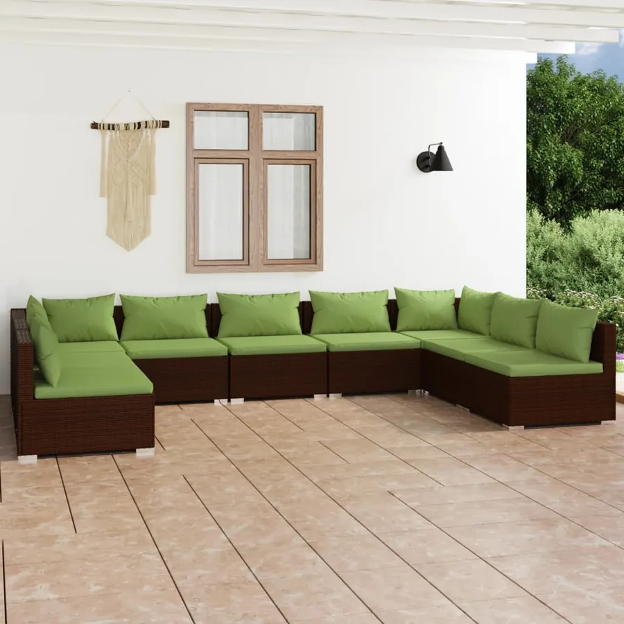 Salon de jardin 9 pcs avec coussins Résine tressée Marron