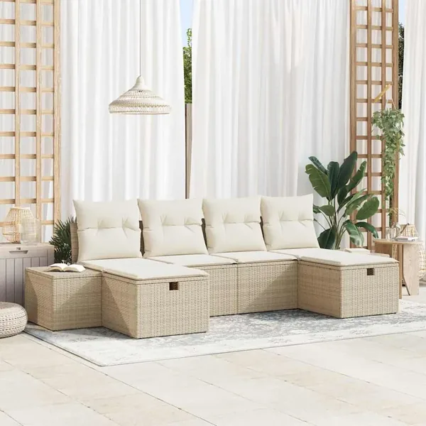 Ensemble de canapé de jardin avec coussin 6 pcs Beige polyrotin