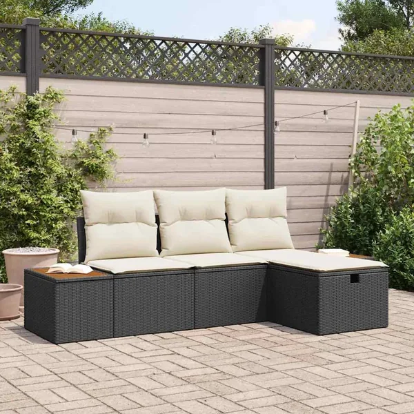 Ensemble de canapé de jardin avec coussin 4 pcs Noir Poly rotin
