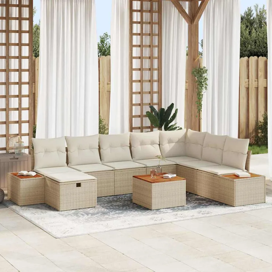 Ensemble de canapé de jardin avec coussin 9 pcs Beige polyrotin