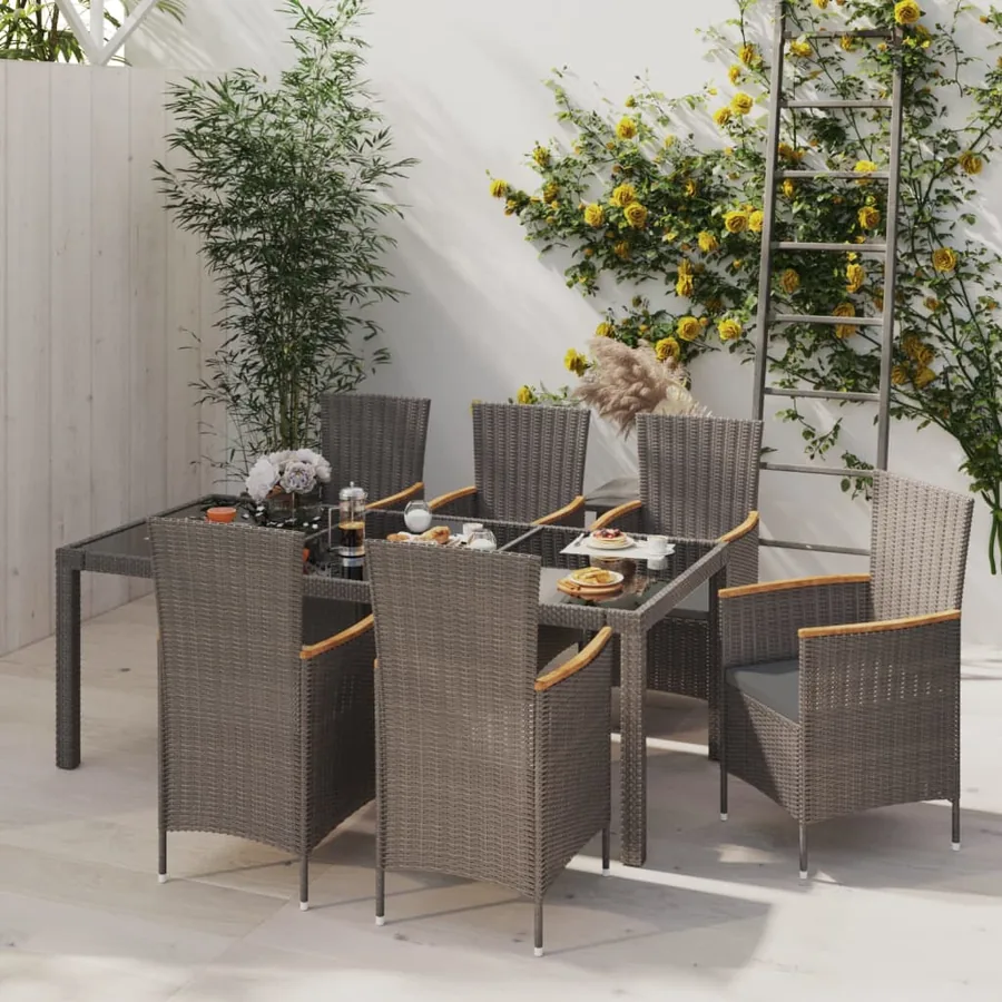 Ensemble à manger d'extérieur 7 pcs et coussins Résine tressée