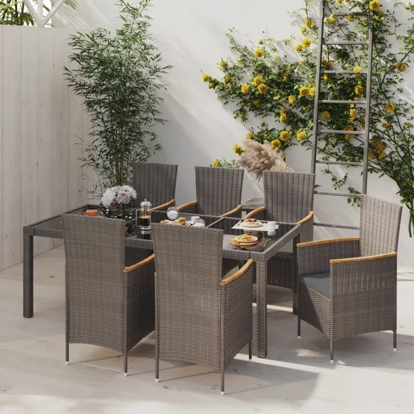 Ensemble à manger d'extérieur 7 pcs et coussins Résine tressée