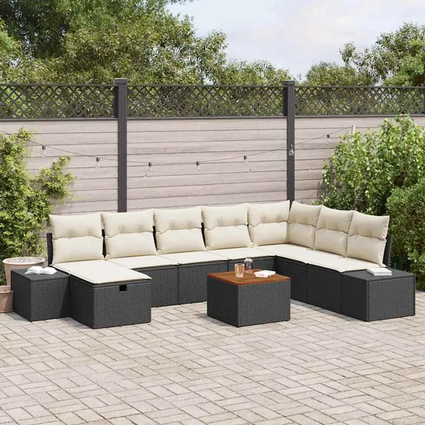 Ensemble de canapé de jardin avec coussin 9 pcs Noir Poly rotin