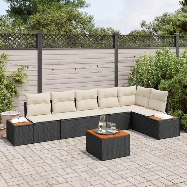 Ensemble de canapé de jardin avec coussin 7 pcs Noir Poly rotin