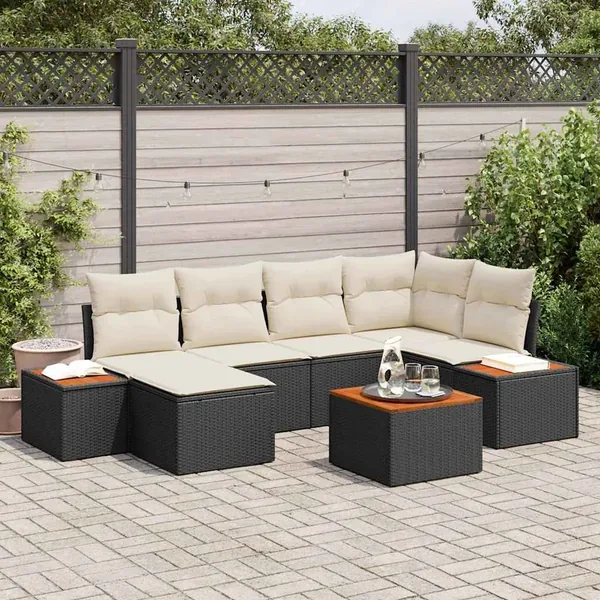 Ensemble de canapé de jardin avec coussin 7 pcs Noir polyrotin