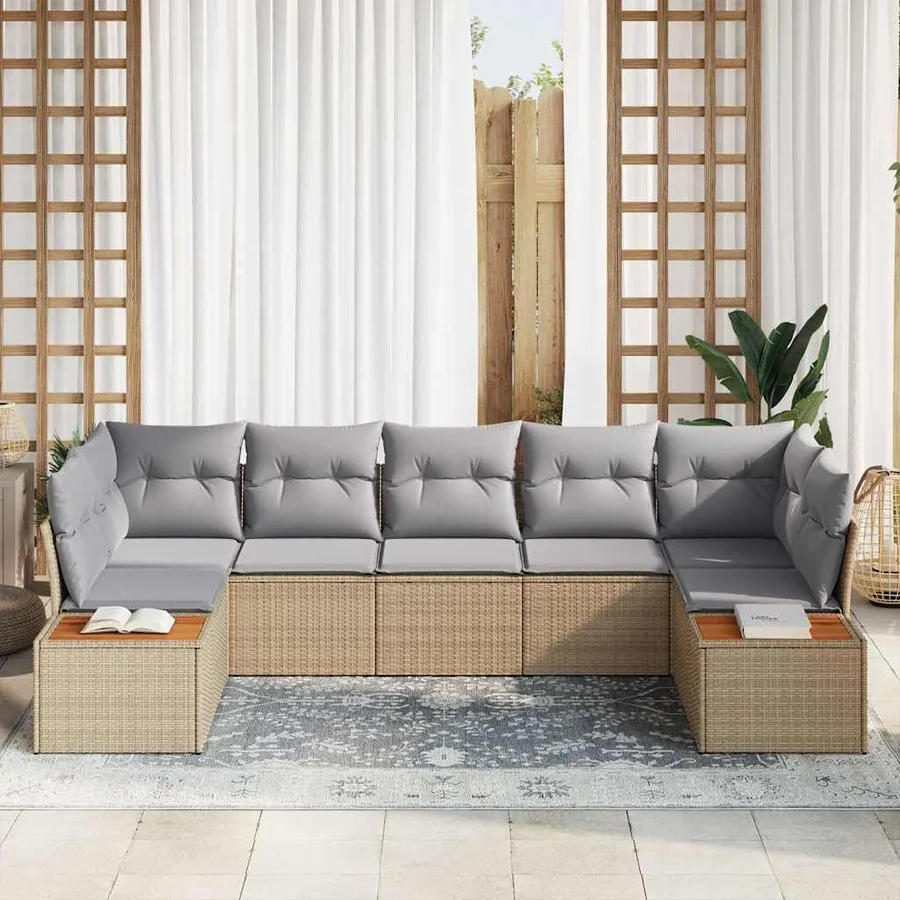 Ensemble de canapé de jardin avec coussin 7 pcs Beige polyrotin - 3