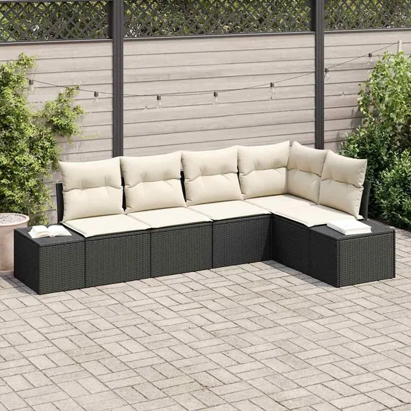 Ensemble de canapé de jardin 5 pcs Noir et Crème polyrotin